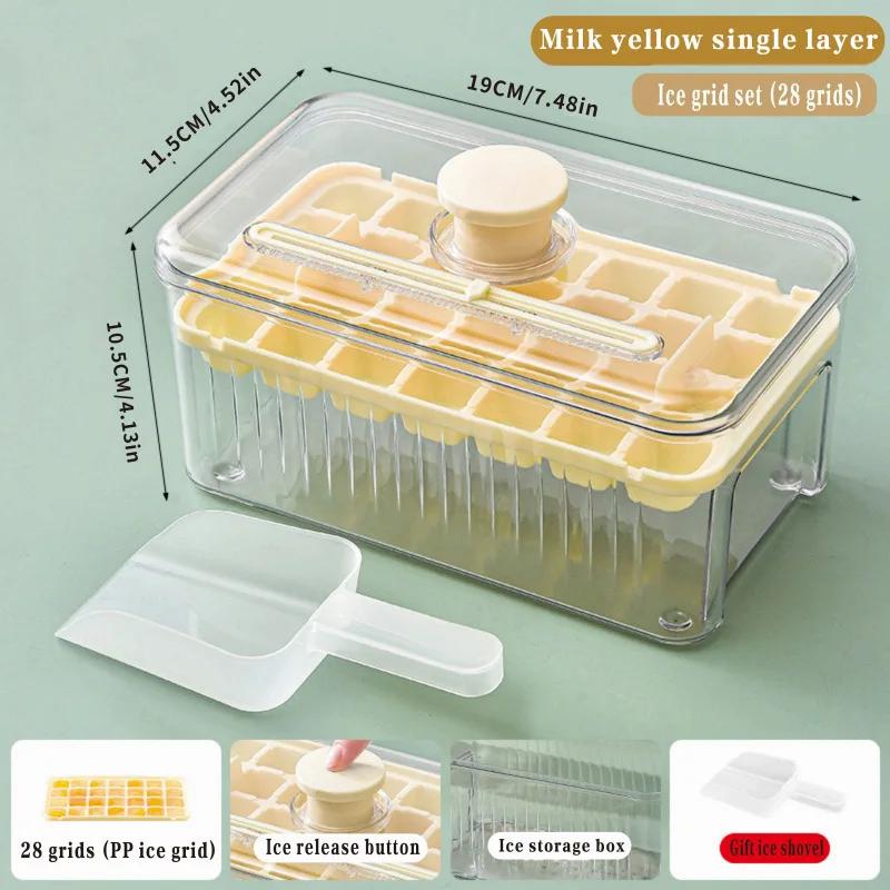 Zásobník na led Formy na ledové kostky jedním tlačítkem s víkem a přihrádkou Víceúčelová forma na výrobu ledu Pro domácnost Forma na skladování ledu v potravinářské kvalitě