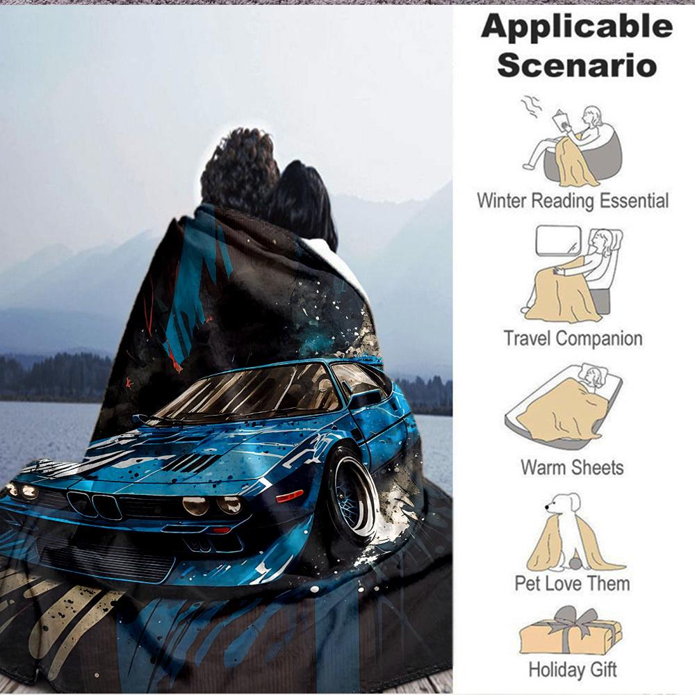 1PC Blue Car Art Blanket, Throw For Sofa, Bed, Travel, Camping, Livingroom,