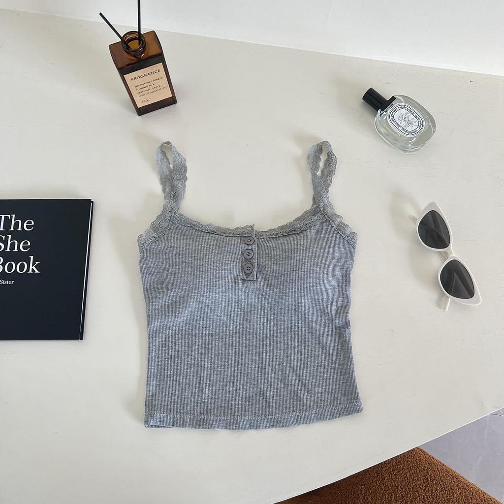 Camiseta sin mangas acanalada de encaje, Tops cortos con cuello Halter para mujer, camisola con botones, camisola con espalda al aire, chaleco recortado sin mangas de tubo de punto a la moda para mujer