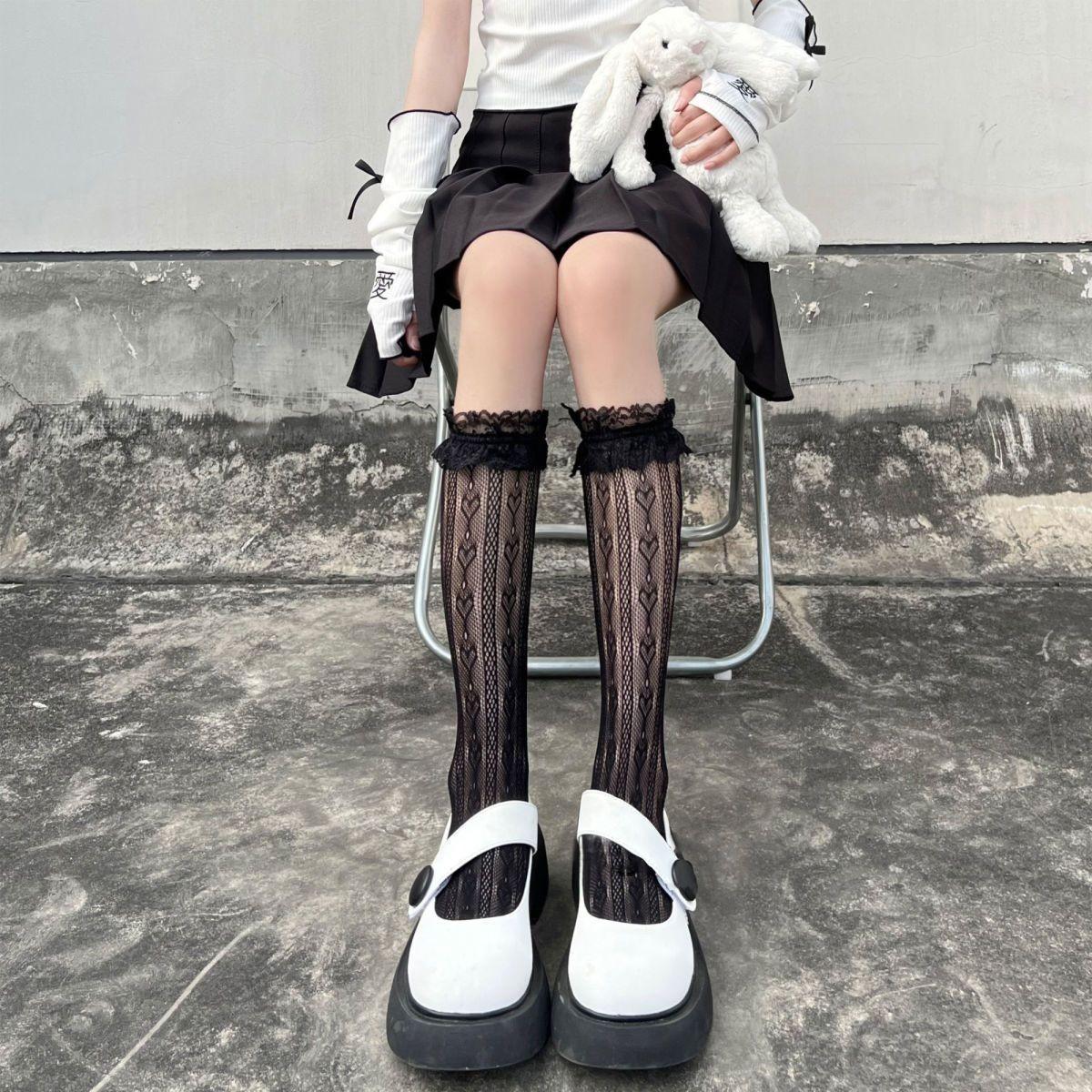 Lolita Japanese-style lace heart-patterned thin summer mid-calf socks jk Soft girl style white sweet breathable calf socks Average Size