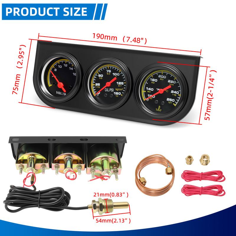 3 in 1 Triple Gauge Set 100-250℉ Water Temp+8-16v voltage Gauge+0-150psi Oil Pressure Black Face Digital pointer Auto Gauge