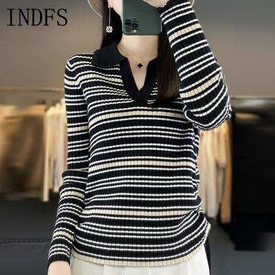 INDFS Women's Fashion Casual Fall Winter Stripe Print Long Sleeve POLO Neck Sweaters