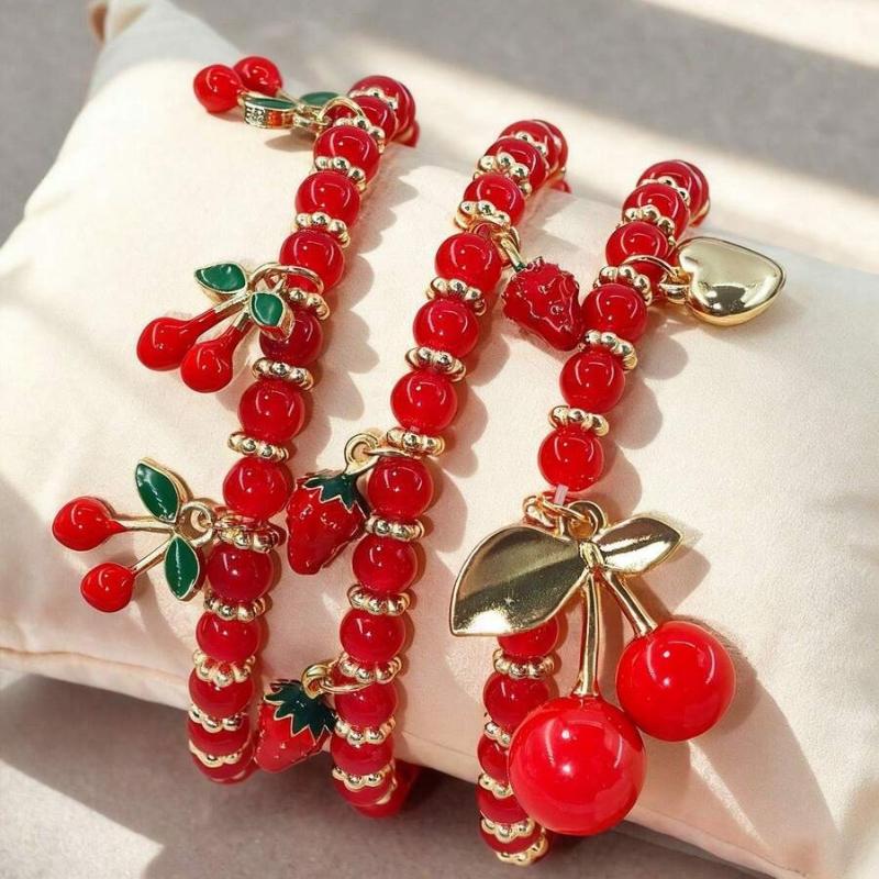 4 Pcs Versatile Red ABS Bead & Cherry Drop Oil Pendant Bracelet Set, Suitable For Women's Everyday And Vacation Outfits