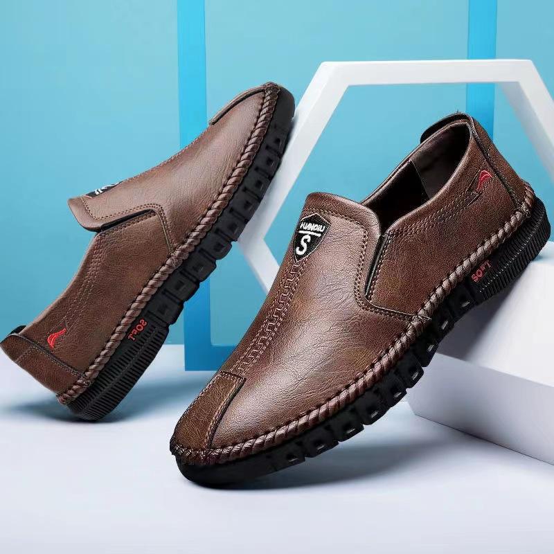 Men's Casual Shoes, Faux Leather Two-Layer Cowhide with Rubber Low Soles, Hand-Stitched Craftsmanship Comfortable Breathable Soft Soles