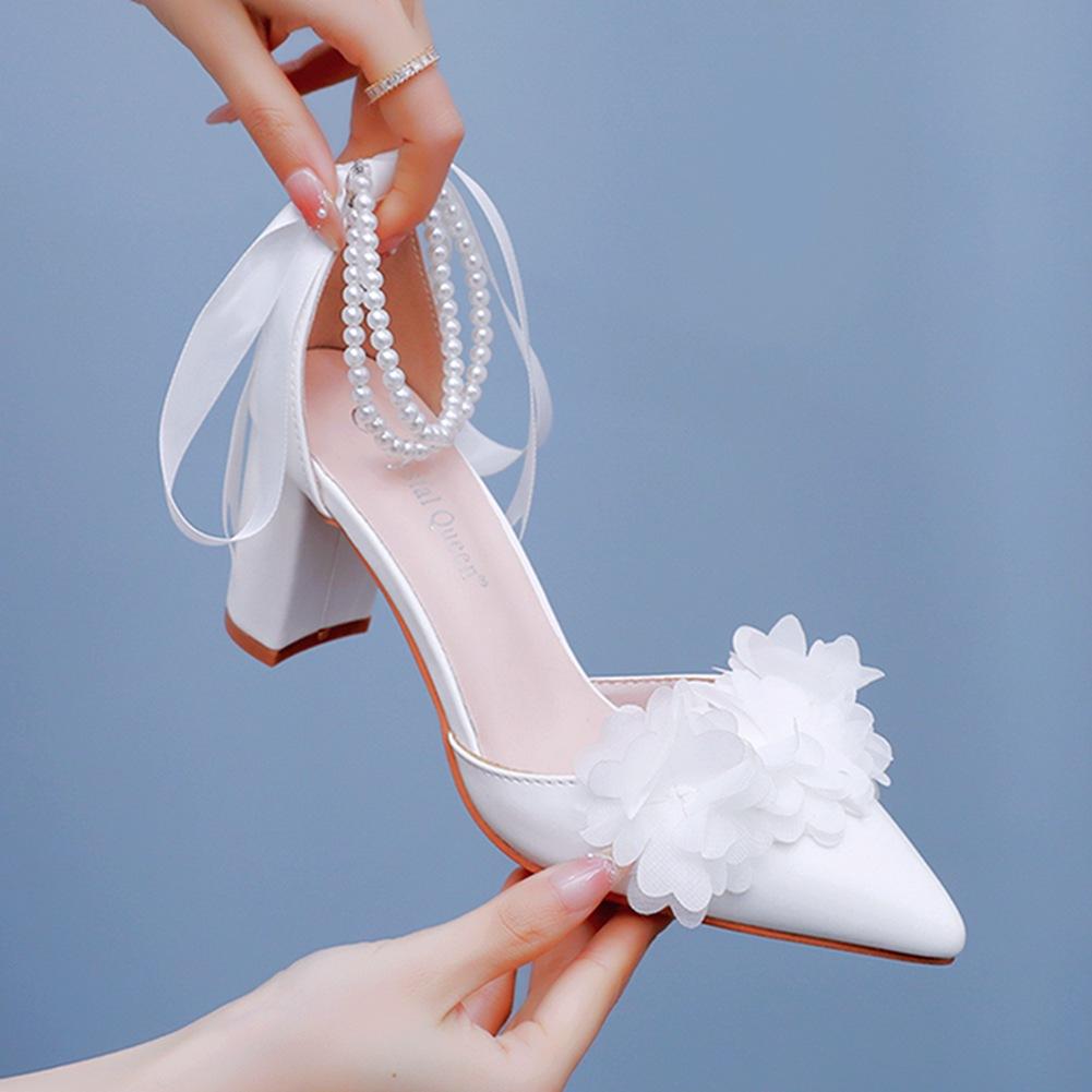 Coarse Heel Pointed Sandals Women's Beaded Ribbon Sandals White Bow Wedding Bridal High Heels Large Size Women's Shoes