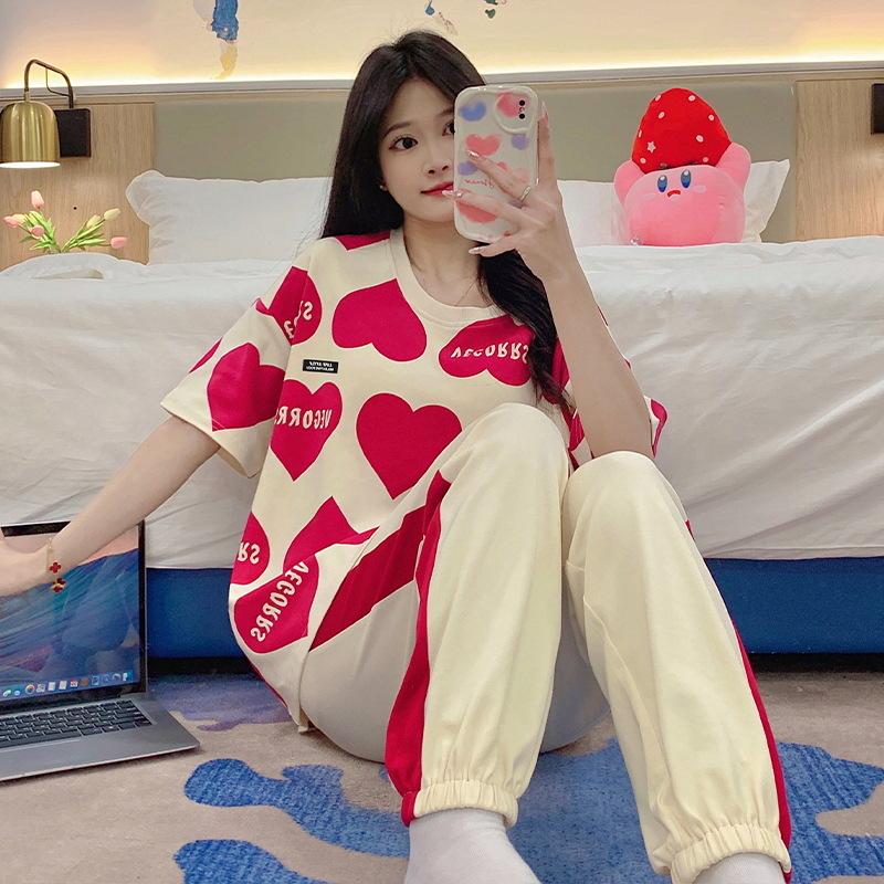 2025 Pajamas Women With Chest Pads, Short Sleeves, Trousers, Thin Two-Piece Set, Casual Korean Version Loose Set