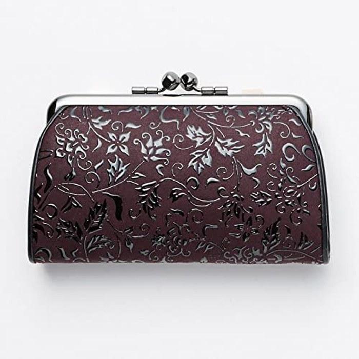 [Inden-ya] INDEN-YA Leather Gamaguchi Coin Purse Purple with Black Lacquer/Flower Scroll Pattern