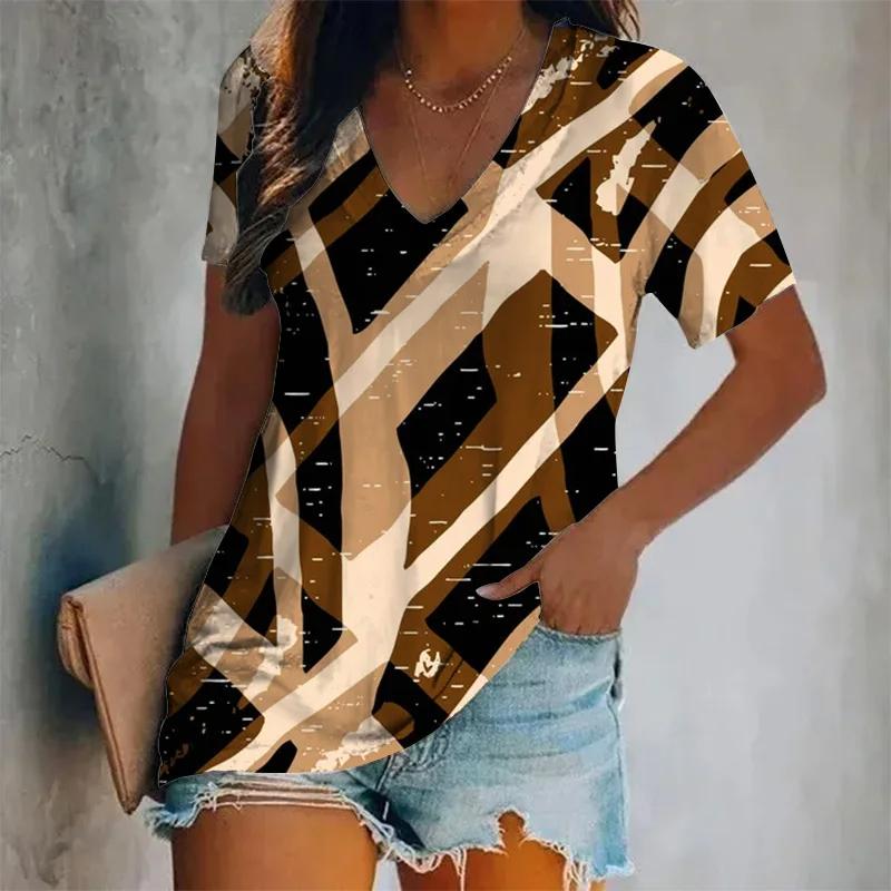 

Новые летние женские винтажные футболки с леопардовым принтом, топы с V-образным вырезом, футболки, женская модная одежда с коротким рукавом, женская повседневная повседневная одежда 2XL