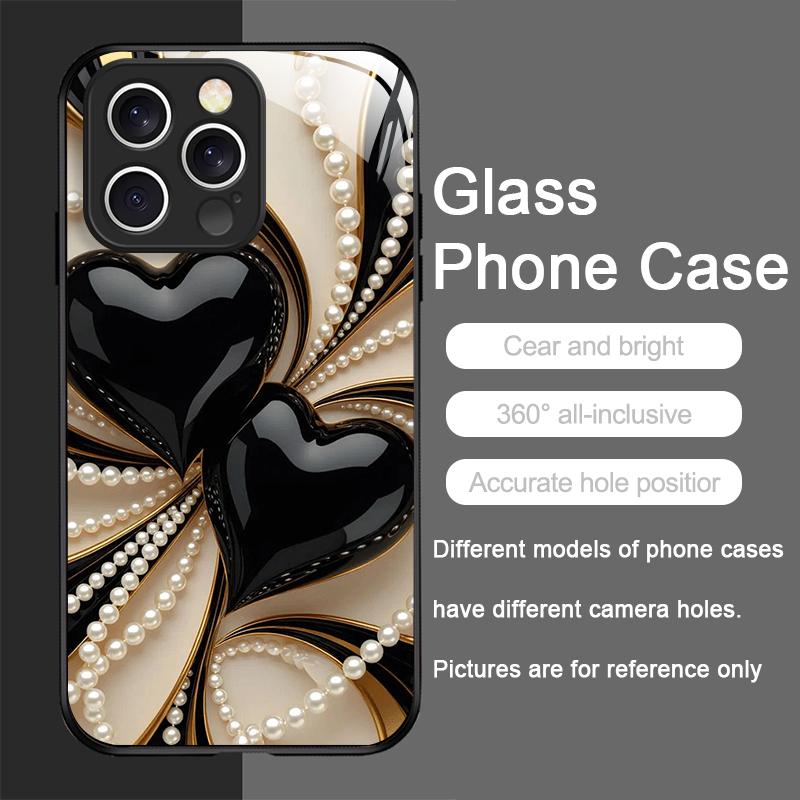 Stylish Black White Heart with Pearls Tempered Glass Phone Case for IPhone 17 16 Pro Max 15 14 13 12 Mini 11 X XS 7 8 Plus Cover