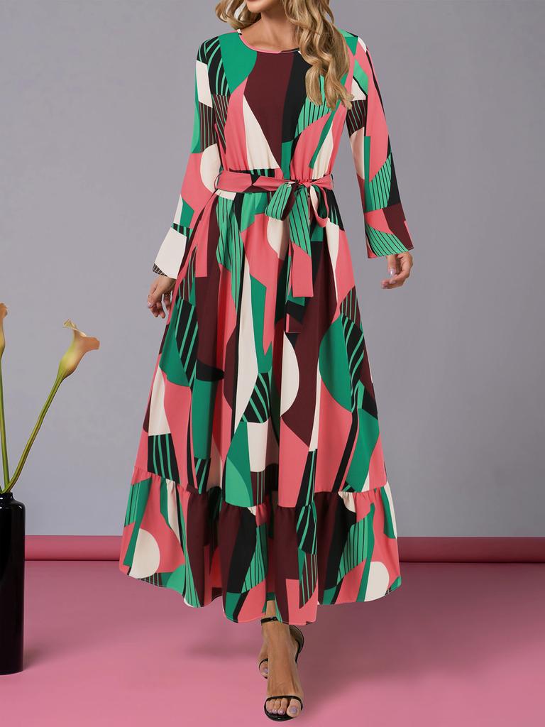Autumn Long Sleeve Geometric Color Contrast Round Neck Dress Temperament Fashion Belt Long Sleeve Dress
