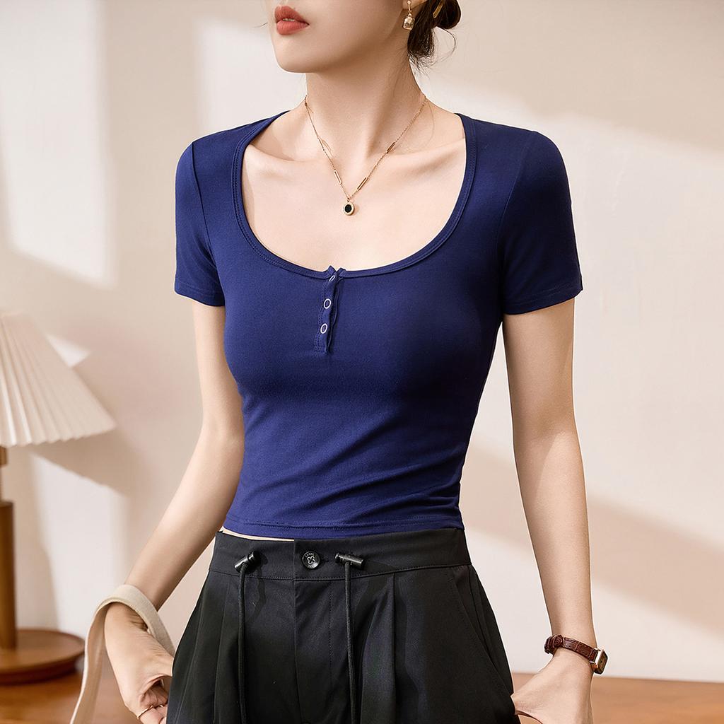 Krátké čisté horké dívčí těsné základní tričko pro ženy letní nové tričko s krátkým rukávem přední rameno štíhlý top