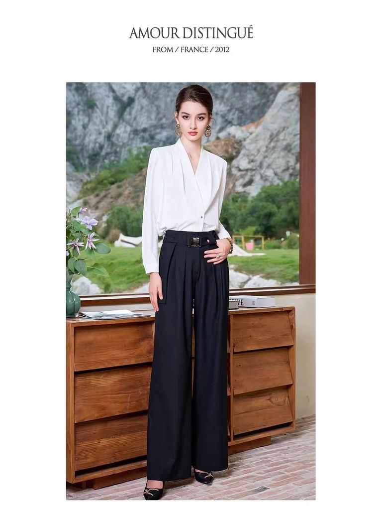 Stylish Long-Sleeve French White Top with Wide-Leg Pants Two-Piece Set for Women