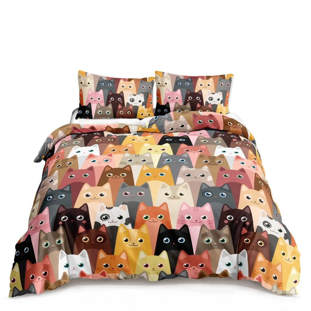 Kawaii Cat Duvet Cover Set for GirlsCute Cartoon Animal Kitten Bedding Set Lovely Romantic Theme Soft Comforter Cover Full Size