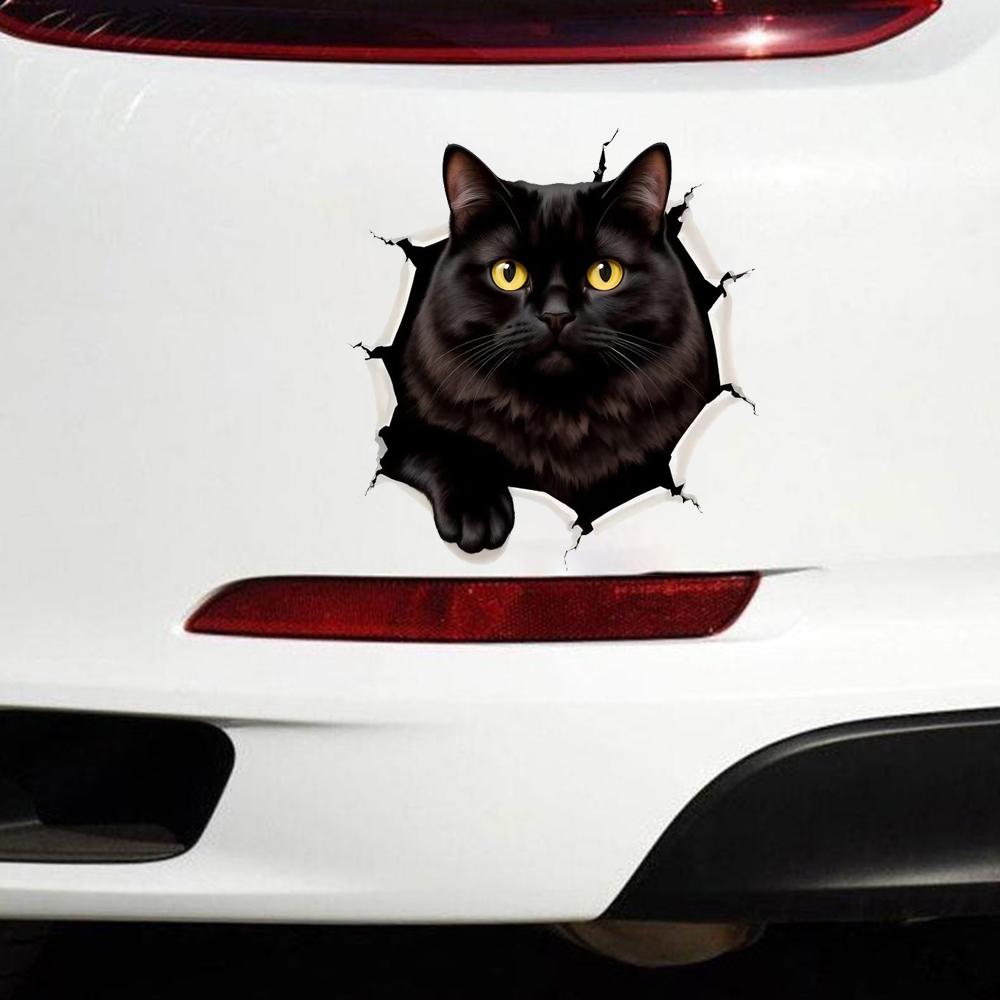 QT2170#15cm Black Cat with Yellow Eyes Emerging Through Ragged Hole Car Sticker for Laptop, Truck, Phone, Motorcycle, Window
