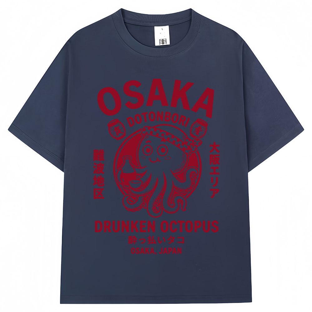 Japanese Style Osaka Drunken Octopus Graphic Tshirt Unisex Unisex Dotonbori Vintage Tshirts Loose Cotton T Shirts Streetwear Gifts