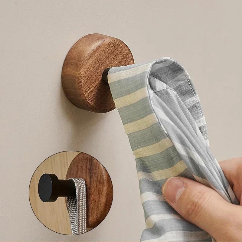 Self-adhesive New Simple Solid Wood Hook Walnut Hanging Hanger Bathroom Wall Hook Bedroom Coat Storage Rack Home Towel Key Decor