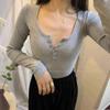 Chic button thread U-neck t-shirt for women 2024 spring and autumn new slim long-sleeved bottoming shirt short low-neck top