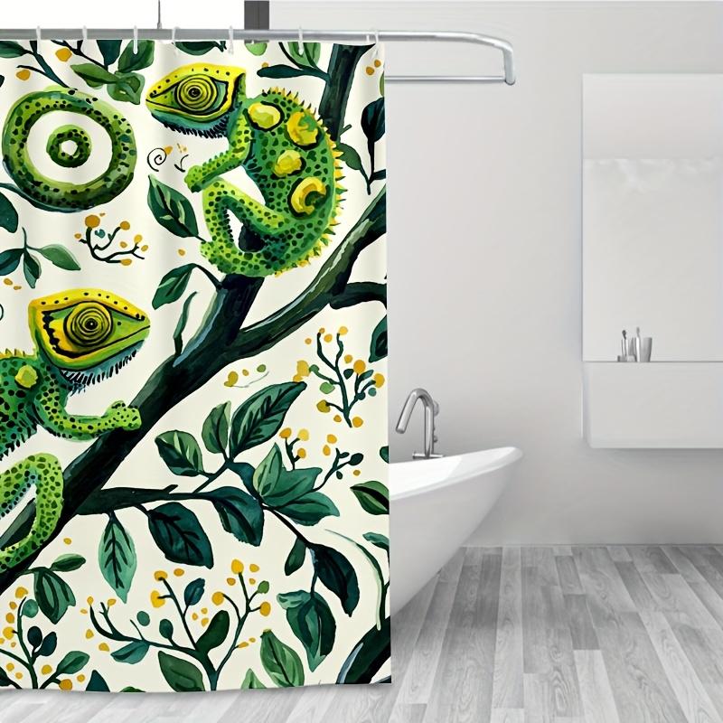 Green Chameleon Shower Curtain - White Background Foliage Pattern Durable Polyester Hand Wash Summer Home & Bathroom Decor