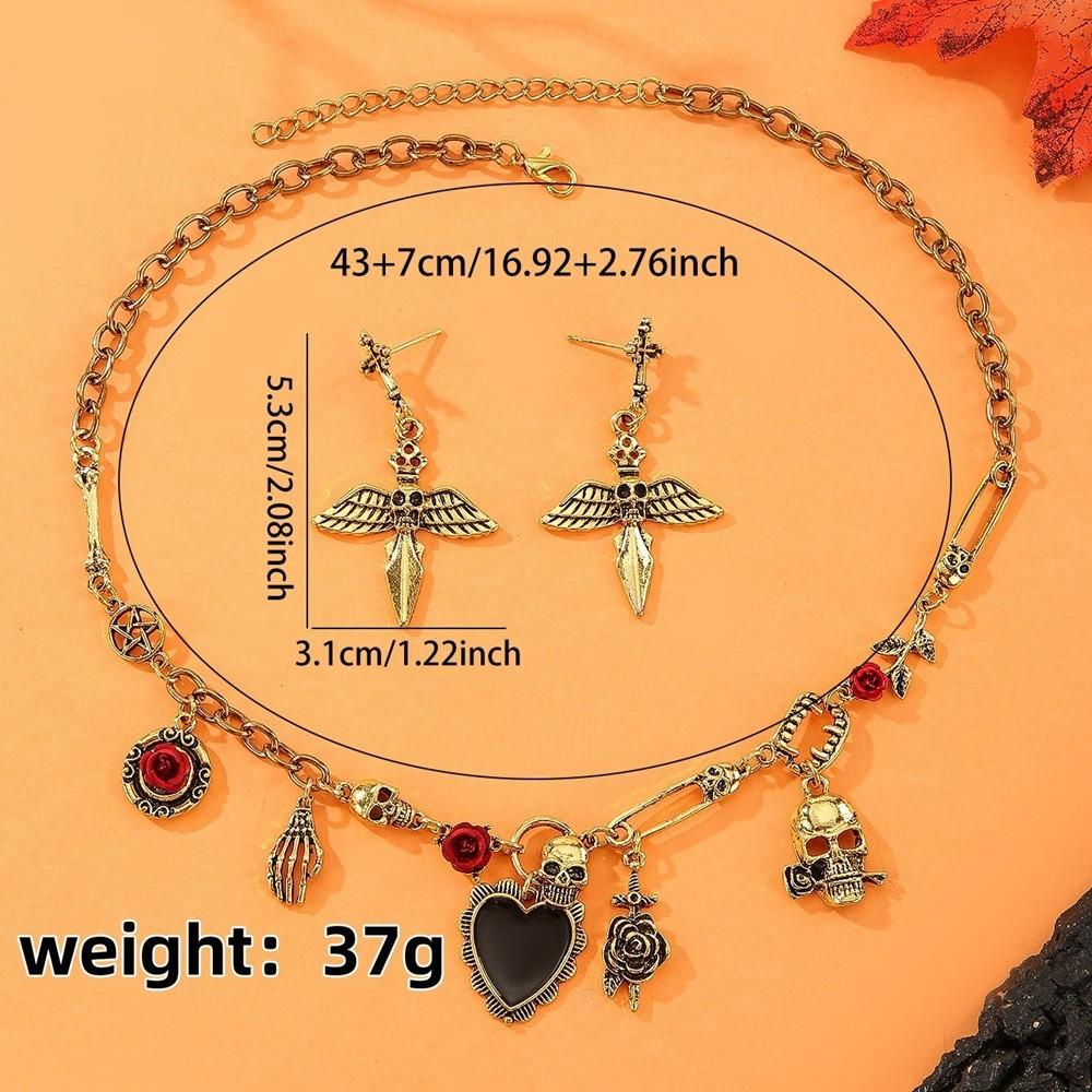 Halloween Skull Jewelry Set With Vampire Rose Pendant And Earrings For Men And Women