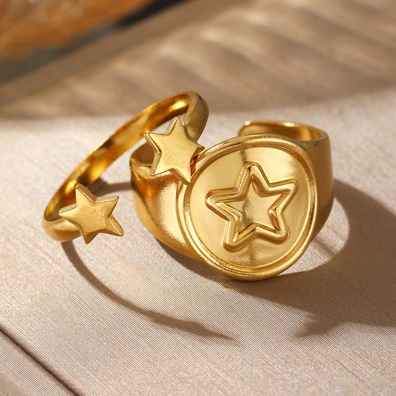 Stainless Steel Gold Color Pentagram Pattern Rings Set For Women Punk Metal Star Opening Adjustable Finger Ring Jewelry