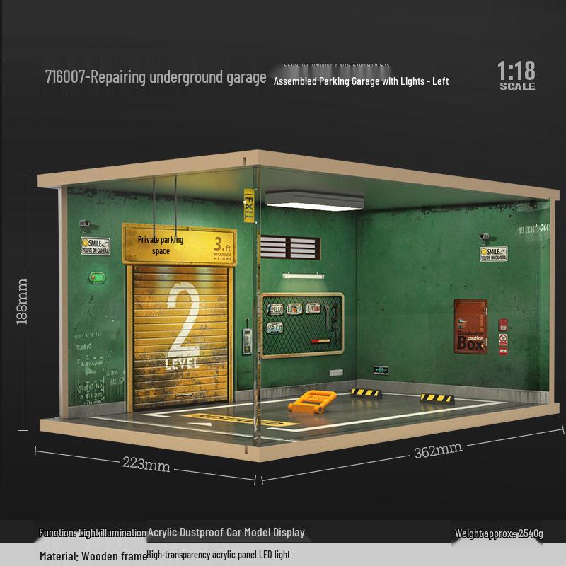1/18 Wooden Parking Garage Model with Lighting and Dustproof Ornaments
