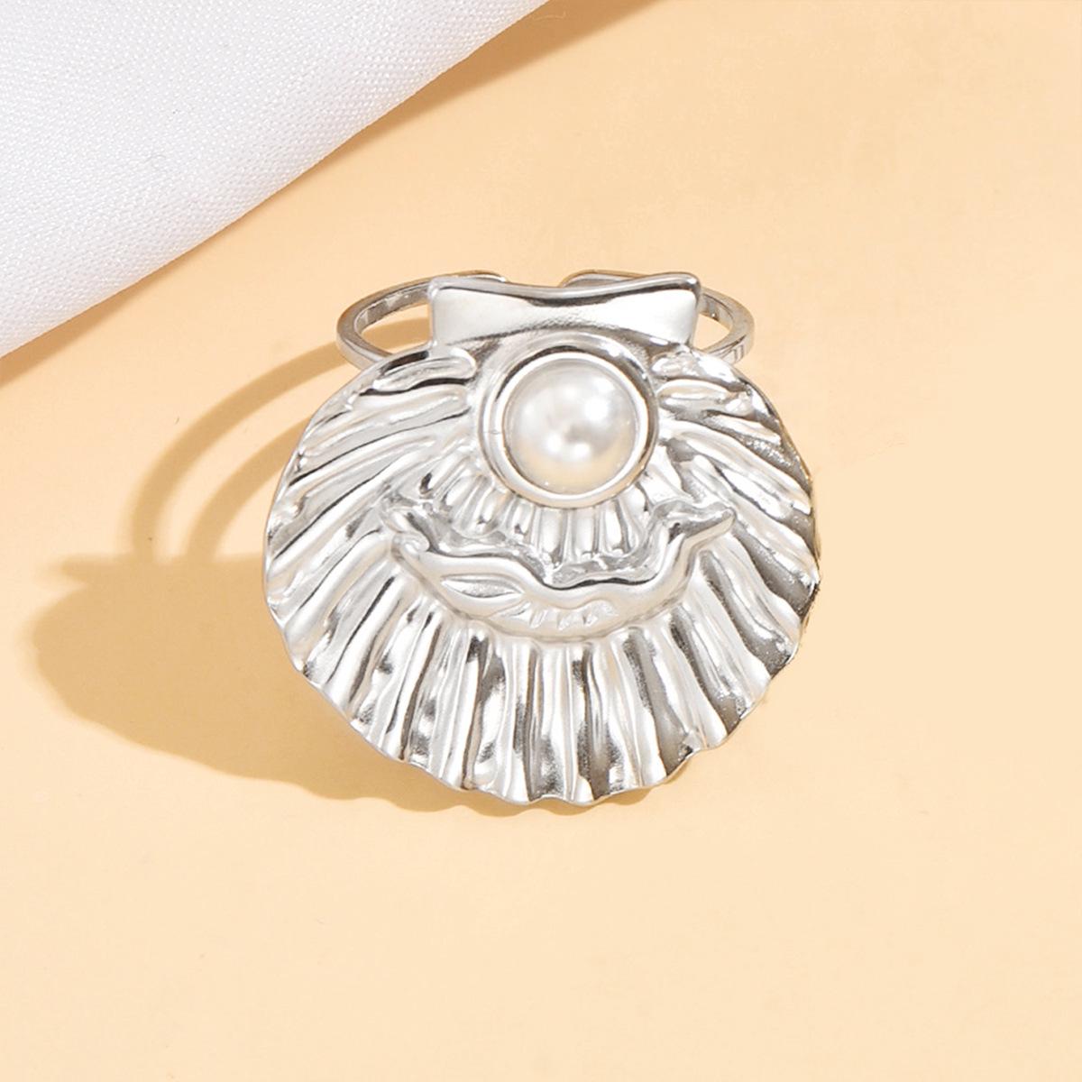 Stainless Steel Ocean Series Shell & Pearl Open Ring