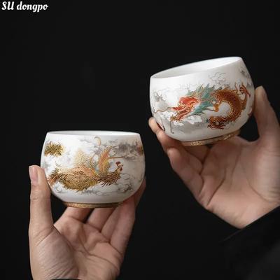 Sheep Fat Jade Porcelain Tea Set High End Personal Master Cup Dragon and Phoenix Pairs Cup White Porcelain Tea Set