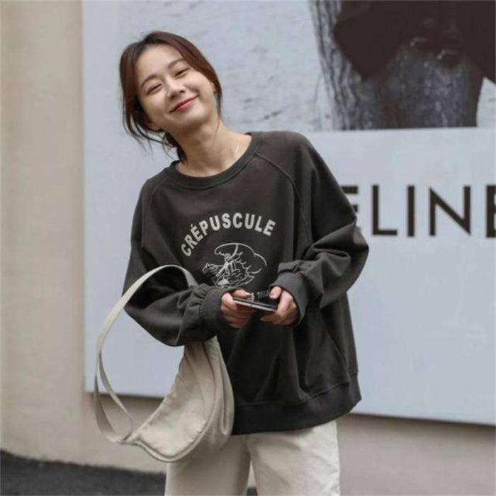 New velvet American retro printed sweater women s Korean version loose casual round neck pullover 3XL темно-серого 1800₽