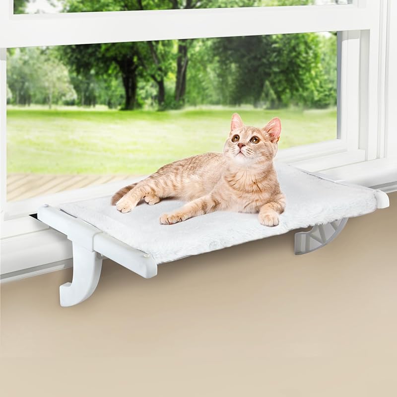 Window Sill Mount Cat Perch for Indoor Cats, One-Step Sliding Clamping Slot Adjustment Cat Hammock with Washable Cover, No Suction Cups Pet Bed for