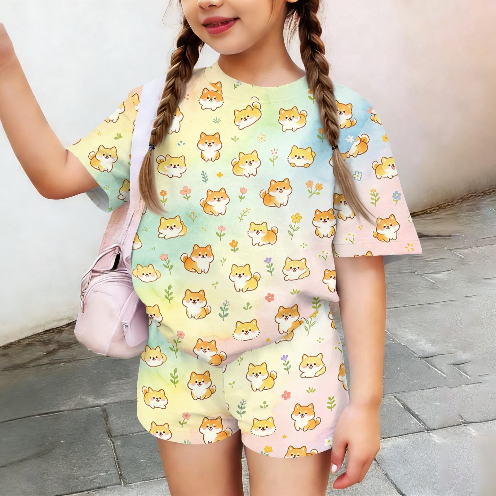 

Kids Casual Short Sleeve Top and Shorts Set Animal Print Lightweight Summer Outfit Soft Fabric Comfortable Fit 150