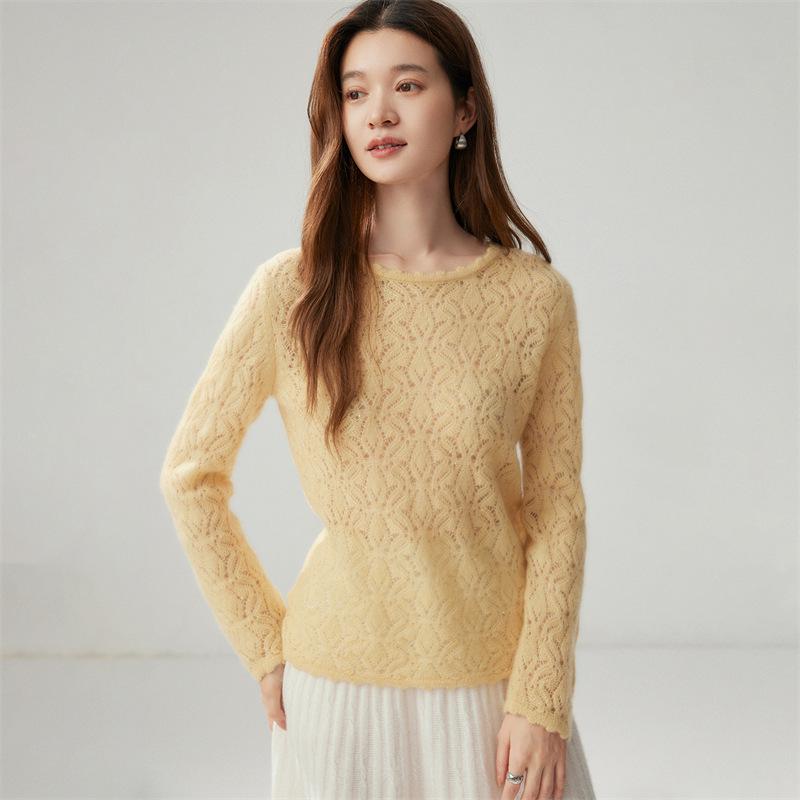 Women's Loose Knit Cashmere Sweater with Hollow Bead Lace and Floral Round Neck