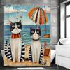 Two Cartoon Cats On the Beach Shower Curtain Washable Dirt-Resistant Shower Head Waterproof Polyester Bath Curtain