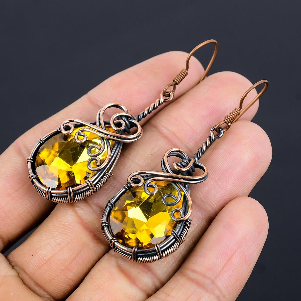Citrine Earrings, 999 Copper Wire Wrapped Gemstone Jewelry, Handmade Earrings, For Thanksgiving