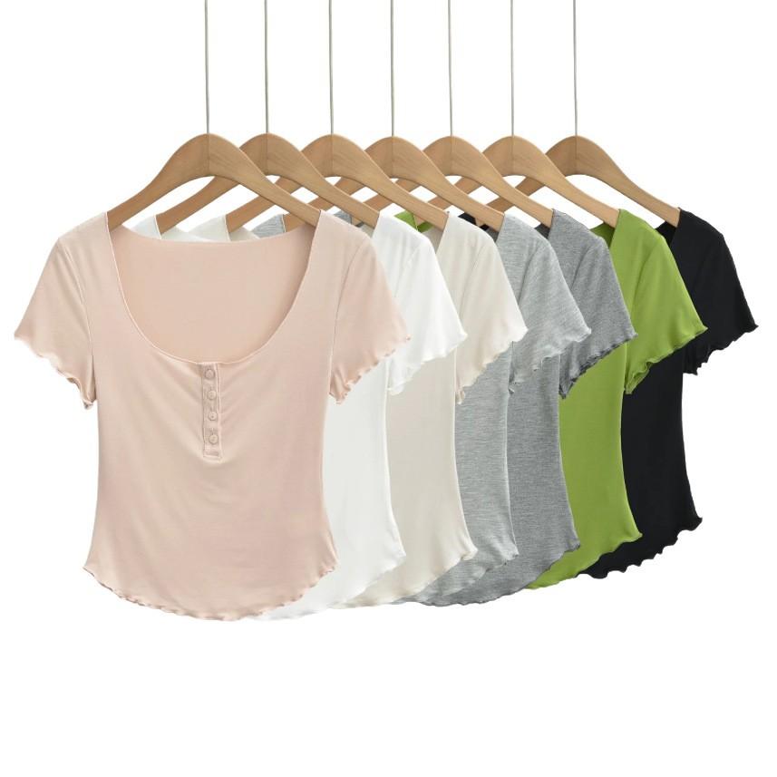 Square collar button short-sleeved T-shirt women's summer new American Spice Girl style slim-fitting curved hem bottoming top