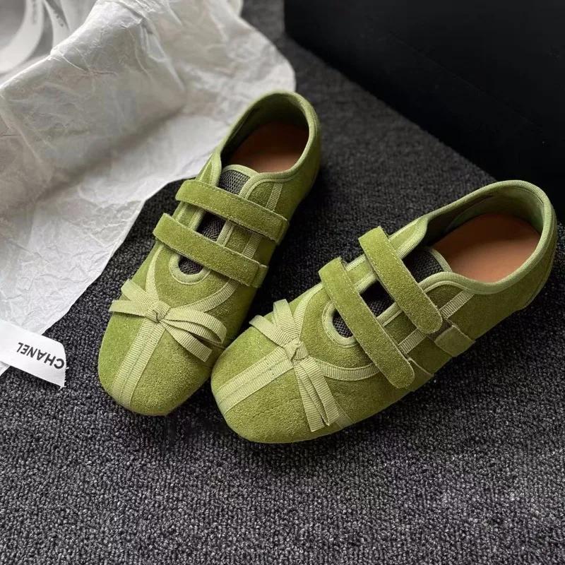 Women's Flat Casual Shoes Bow Tie Square Toe Velcro Shoes Women Leisure Flannel Spring Autumn Fashion Suede Zapatillas De Mujer