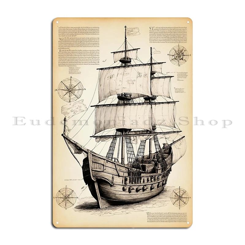 Age of sails french vintage sailing ships Boat project  Leonardo da Vinci drawing Metal Design Vintage Cinema Tin Sign Poster