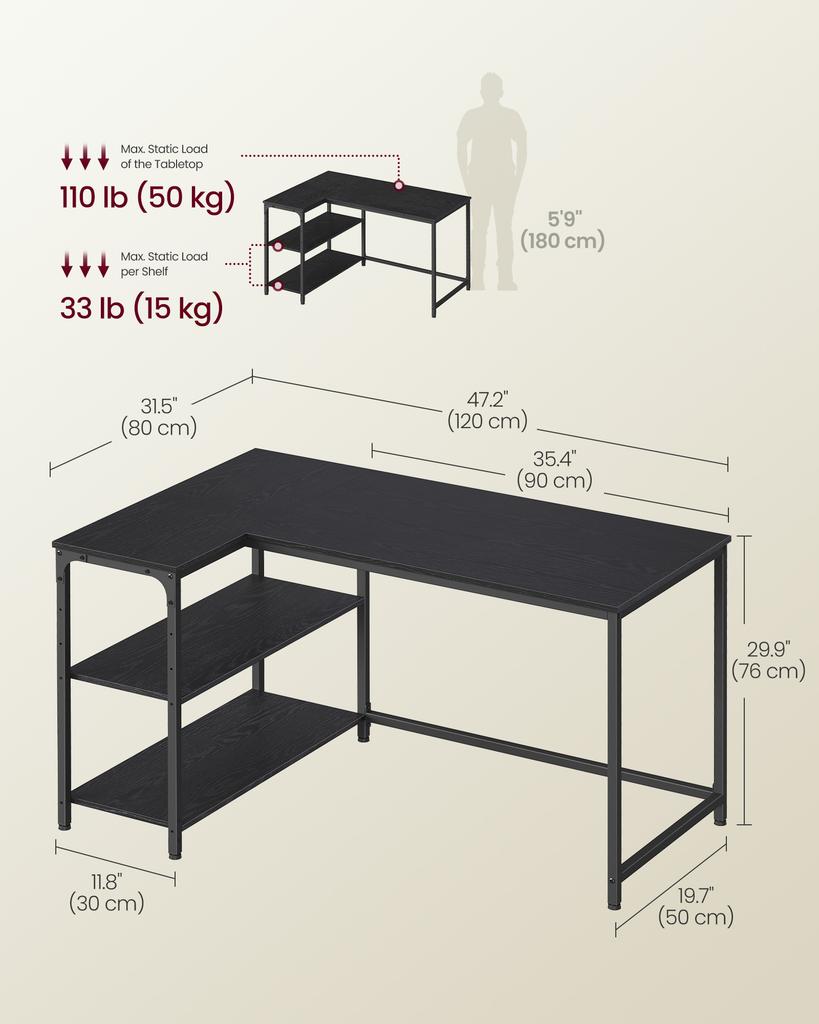 VASAGLE L Shaped Computer Desk, Corner Table with Storage, 120 X 80cm