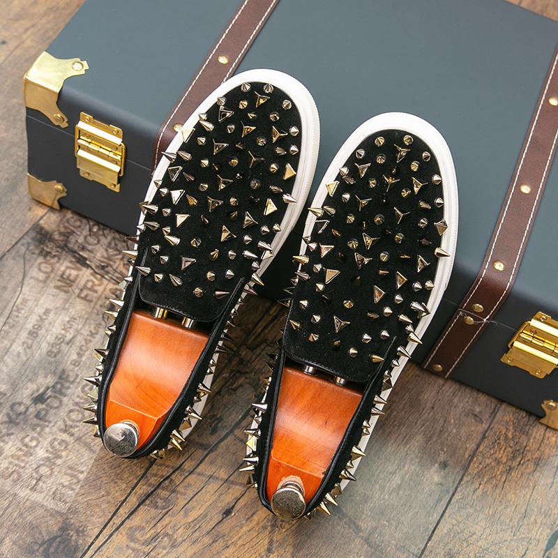 Punk Round Toe Rhinestone Sequin Loafers for Men Casual Shoes Rivet Skateboard Shoe Trendy Flat Slip On Men's Shoes Zapatos