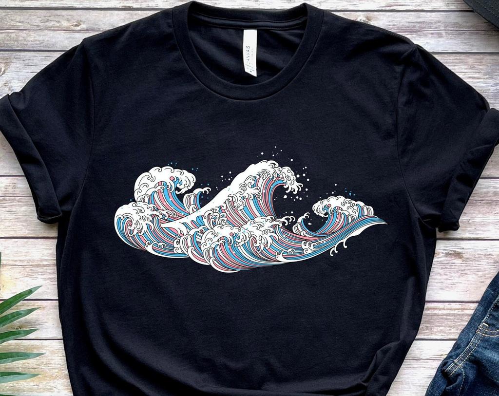 Transgender Waves T Shirt, Trans Flag Gift, Japanese Art Tshirt, Subtle Pride Month, Adult Gender Neutral, Discreet LGBTQ Tee, Ftm Mtf LGBT