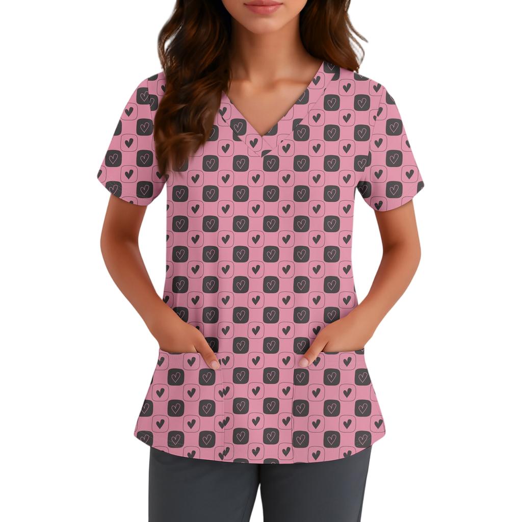 Women's Cute Bow Printed Work Clothes V-neck Double Layer Pockets Basic Short Sleeve Top Pullover