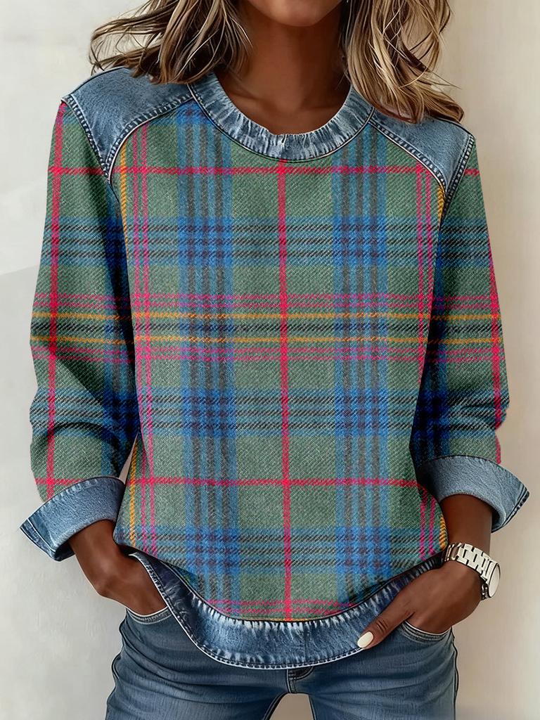 Abbigliamento donna europeo e americano ins colletto in denim maniche lunghe, maglione top a pullover con splicing in maglia