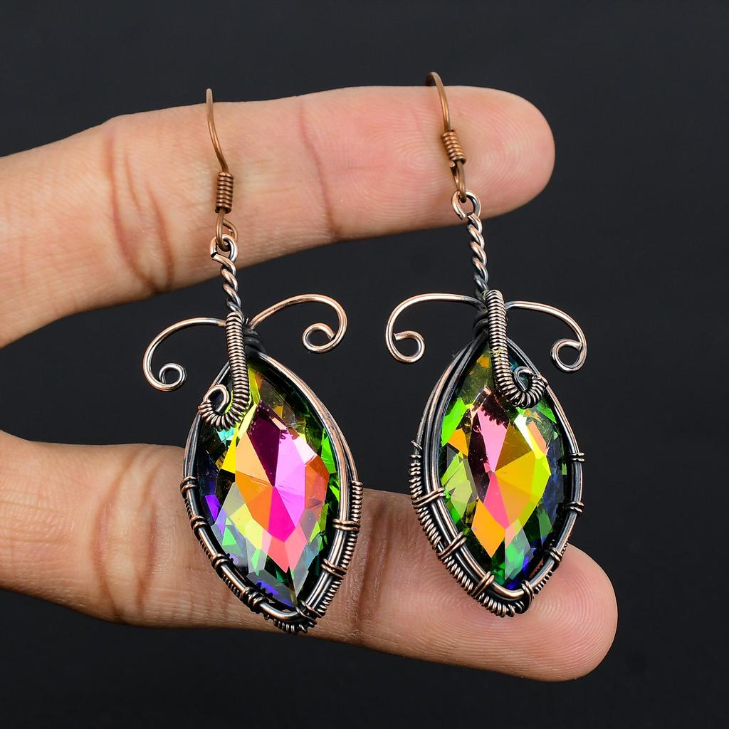 Rainbow Moonstone & Mystic Topaz Earrings Gemstone Jewelry, 999 Copper Wire Wrapped Earrings, Handmade Beautiful Jewelry Earrings