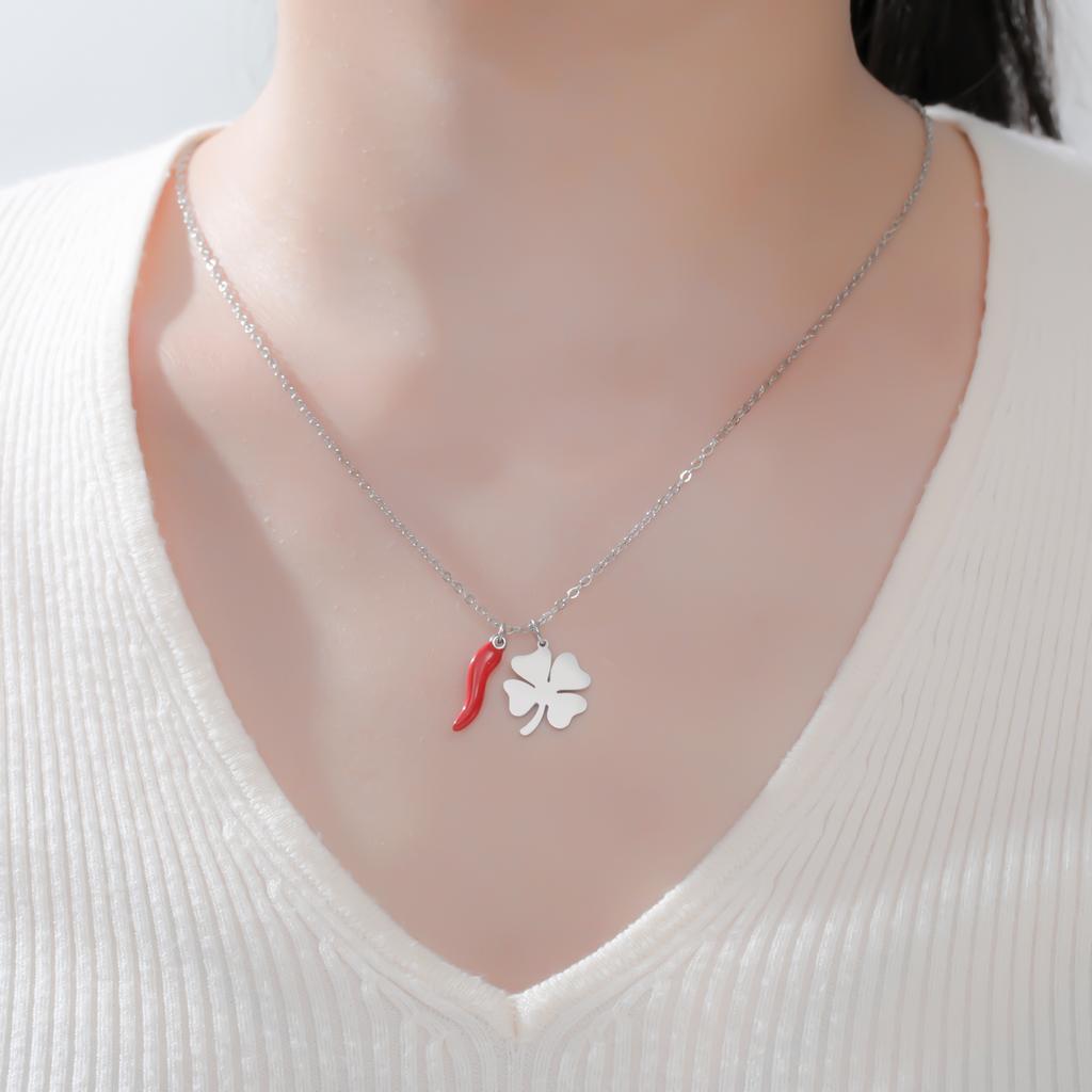 Italian Horn Leaf Lucky Clover Pendant Necklace for Women Stainless Steel Charms Chain Amulet Talisman Jewelry Birthday Gift
