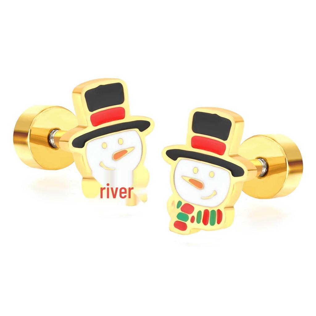 European & American Christmas Snowman Stud Earrings - Cute Pattern, Stainless Steel Screw-Back, Cross-Border Exclusive