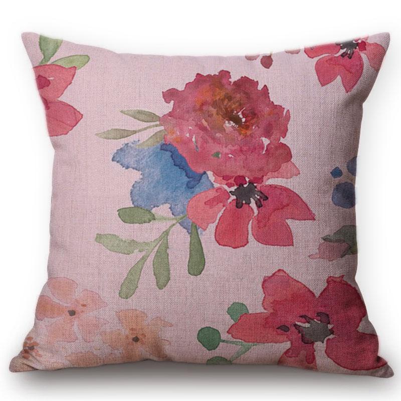 Flower Pattern Cotton Linen Cushion Cover Vintage Watercolor Flowers Decorative Pillowcase Waist Throw Pillow Cover Cojines