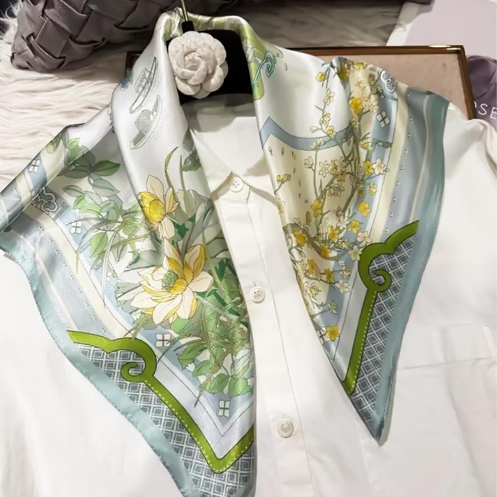 green Women 100% Mulberry Silk Scarf For Hair Headscarf Spring Fall Elegant Floral Small Silk Square Neck Scarves Neckerchief