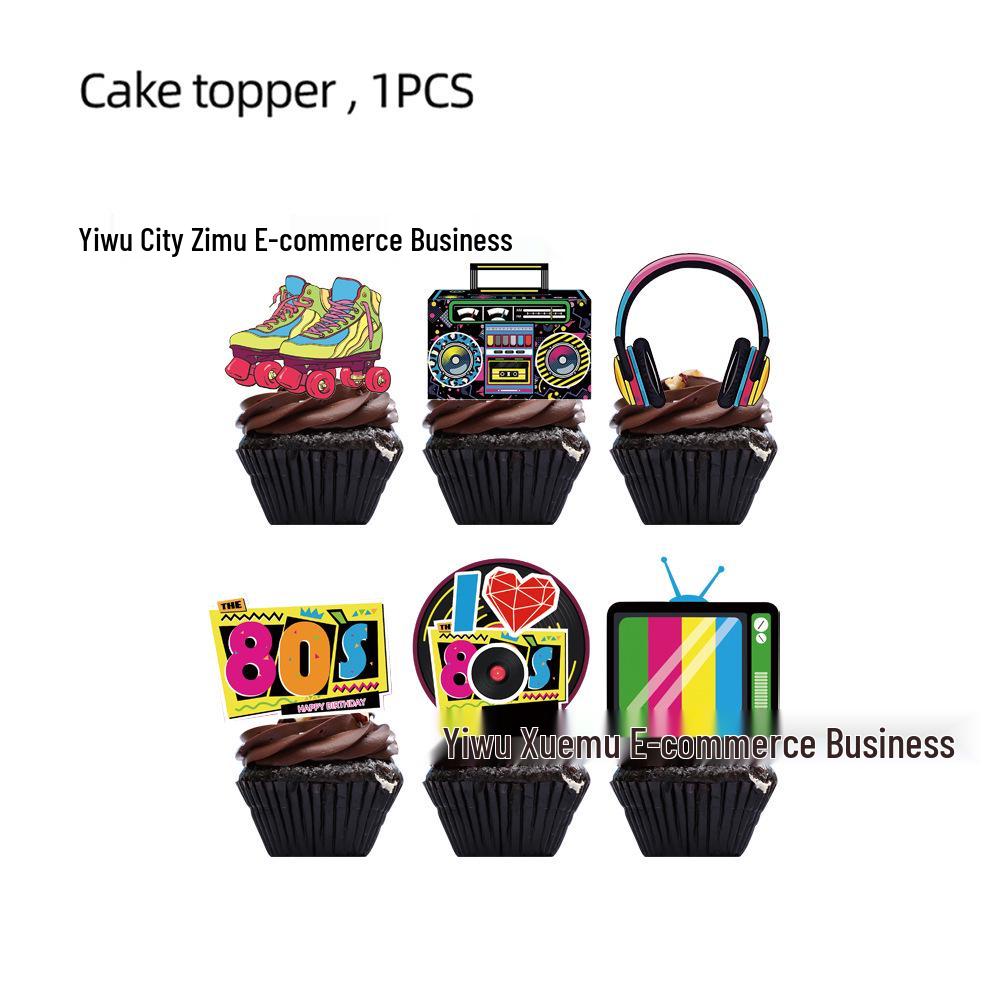 80s Themed Birthday Party Decorations: Cartoon Balloons, Cake Toppers, and Banners.