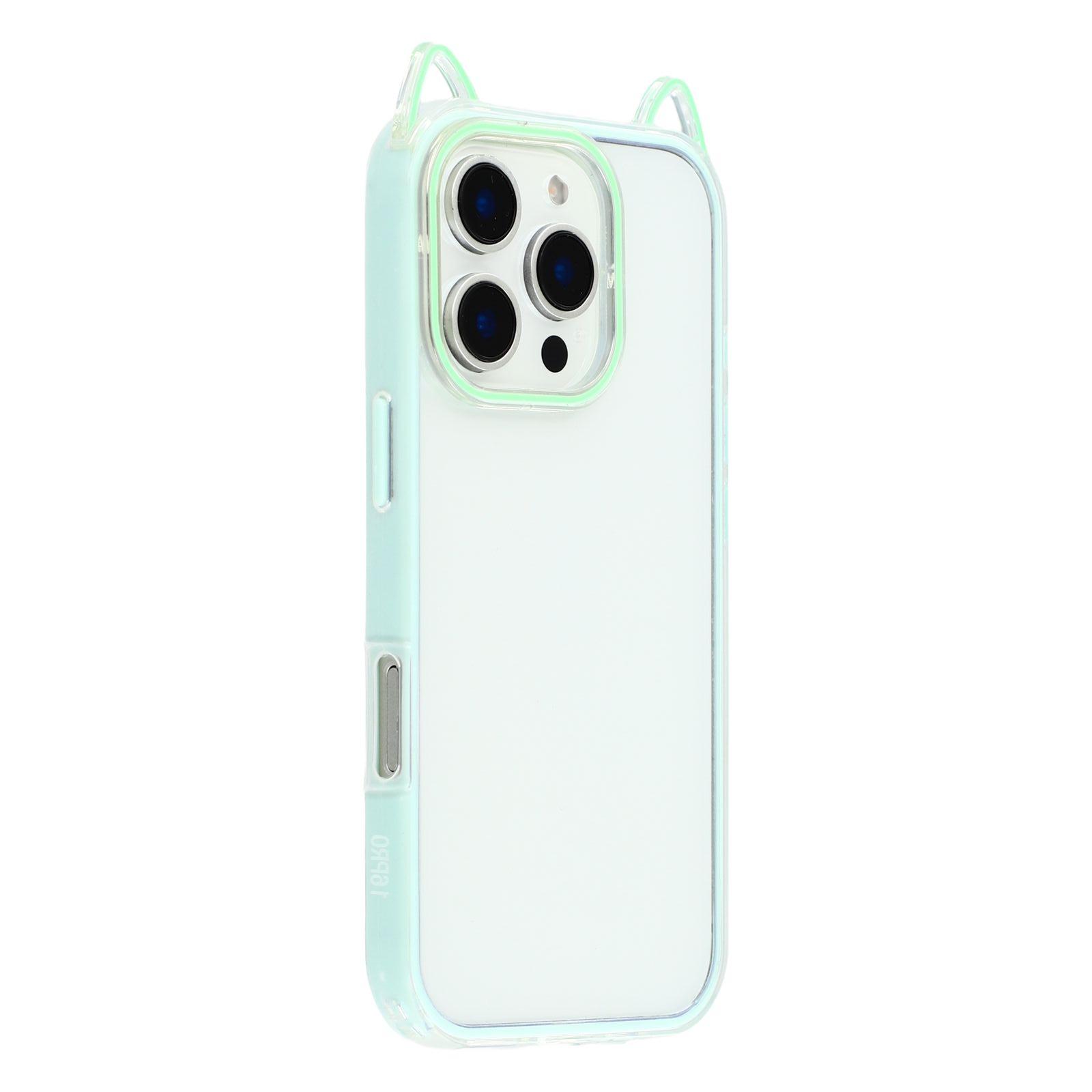 

For iPhone 16 Pro Max Case Cat Ear Design TPU+Acrylic Clear Phone Back Cover Green