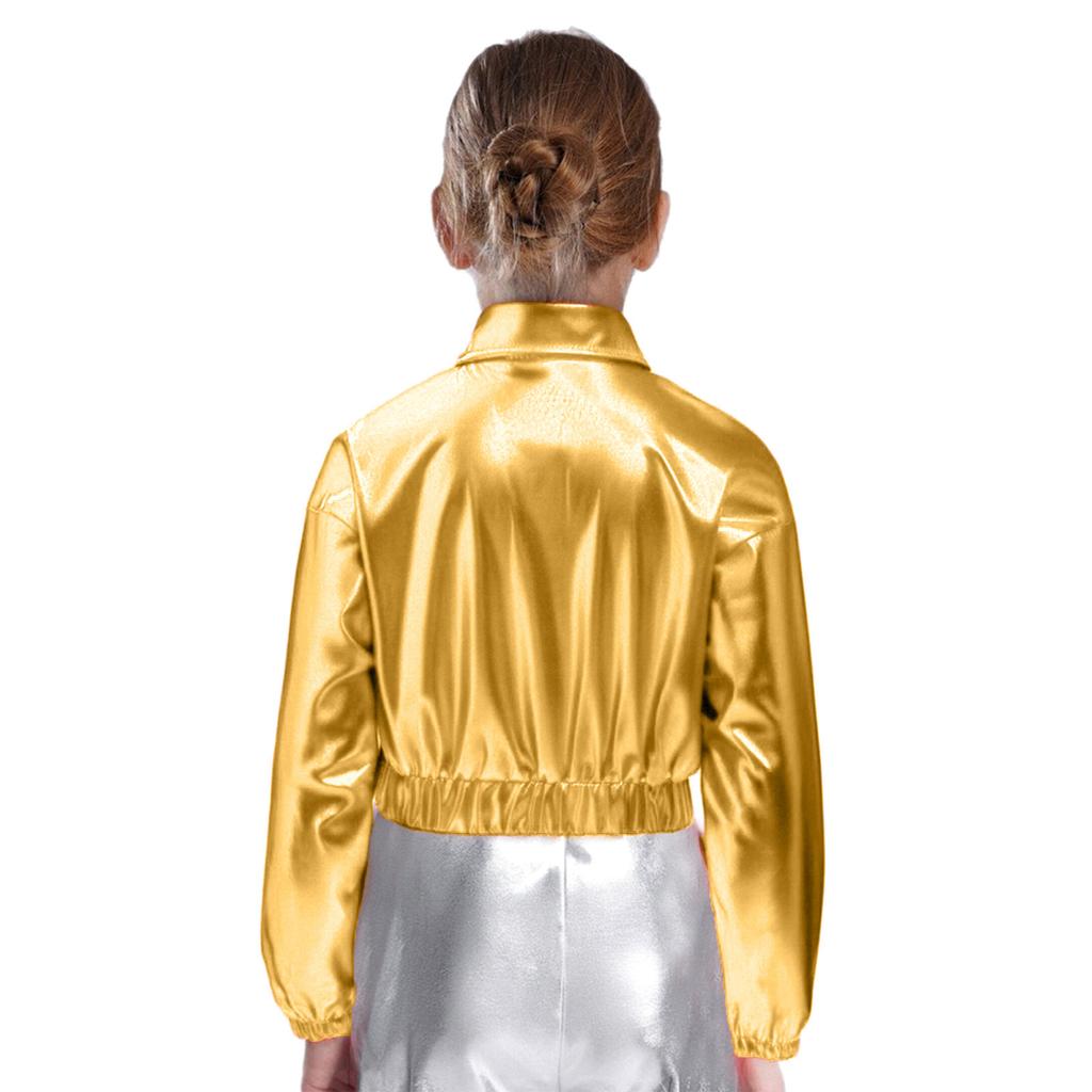 Unisex Kids Metallic Shiny Jacket Turn Down Collar Long Sleeves Flap Pockets Dance Coat