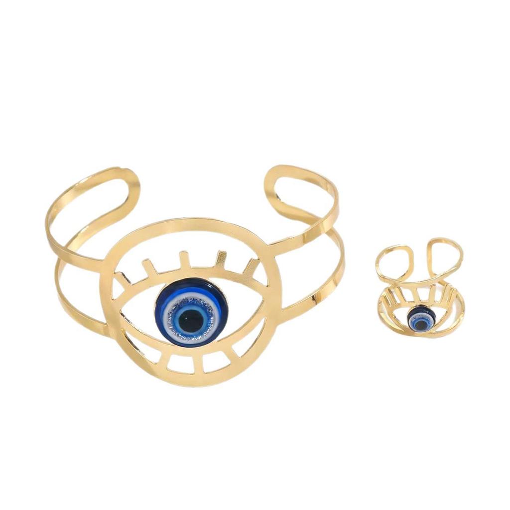 Devil Eye Hollow Ring Bracelet Set - Adjustable & Unique Design for Women